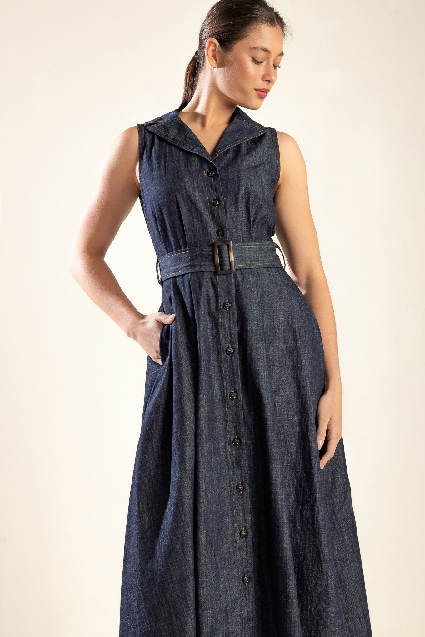 OASIS OF CALM RIGID DENIM MIDI DRESS Flying Tomato